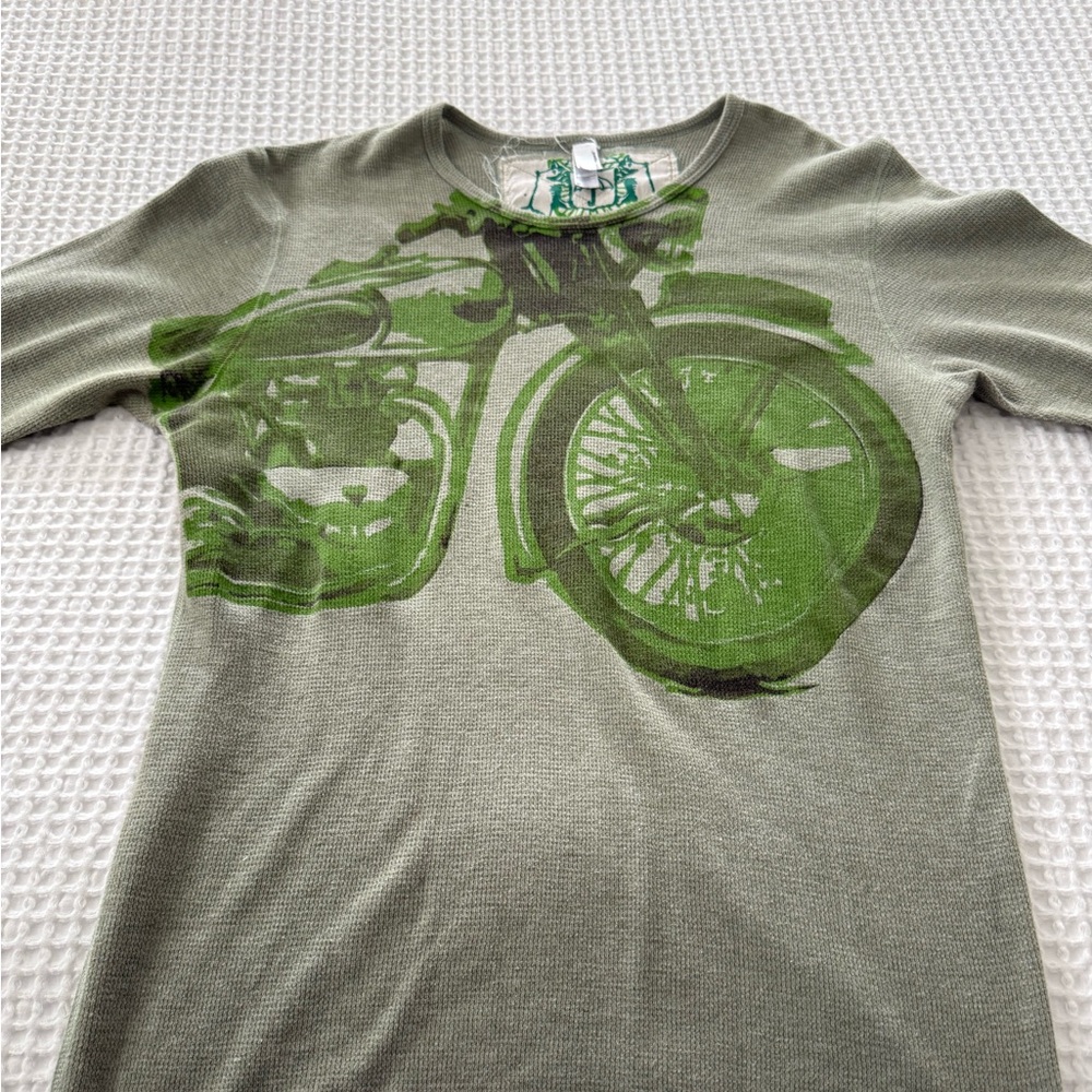 American Apparel Medium Men’s Henley with Green Motorcycle, Great Condition!!